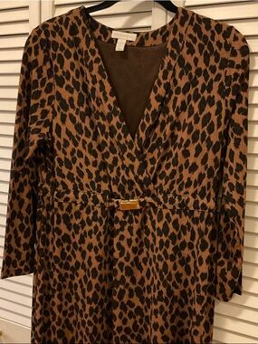 Charter Club Brown and Black Leopard Print Long Sleeve Dress with Waist Accent